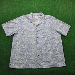 LL Bean Shirt Mens 2XL Blue Tropical Leaf Print Hawaiian Button Up Beach Casual